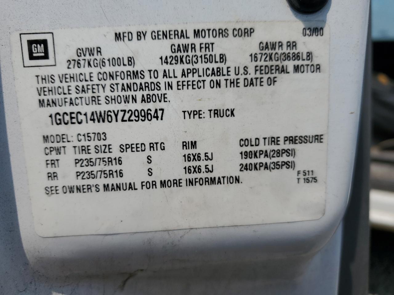 2000 Chevrolet Silverado C1500 VIN: 1GCEC14W6YZ299647 Lot: 63344075