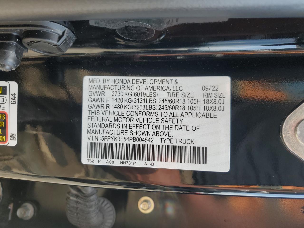 2023 Honda Ridgeline Rtl VIN: 5FPYK3F54PB004542 Lot: 63499365