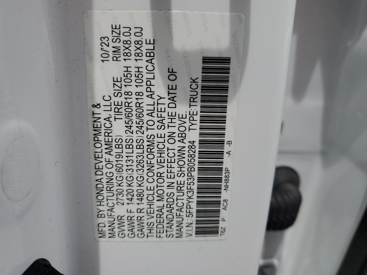 2023 Honda Ridgeline Rtl VIN: 5FPYK3F53PB058284 Lot: 63384665