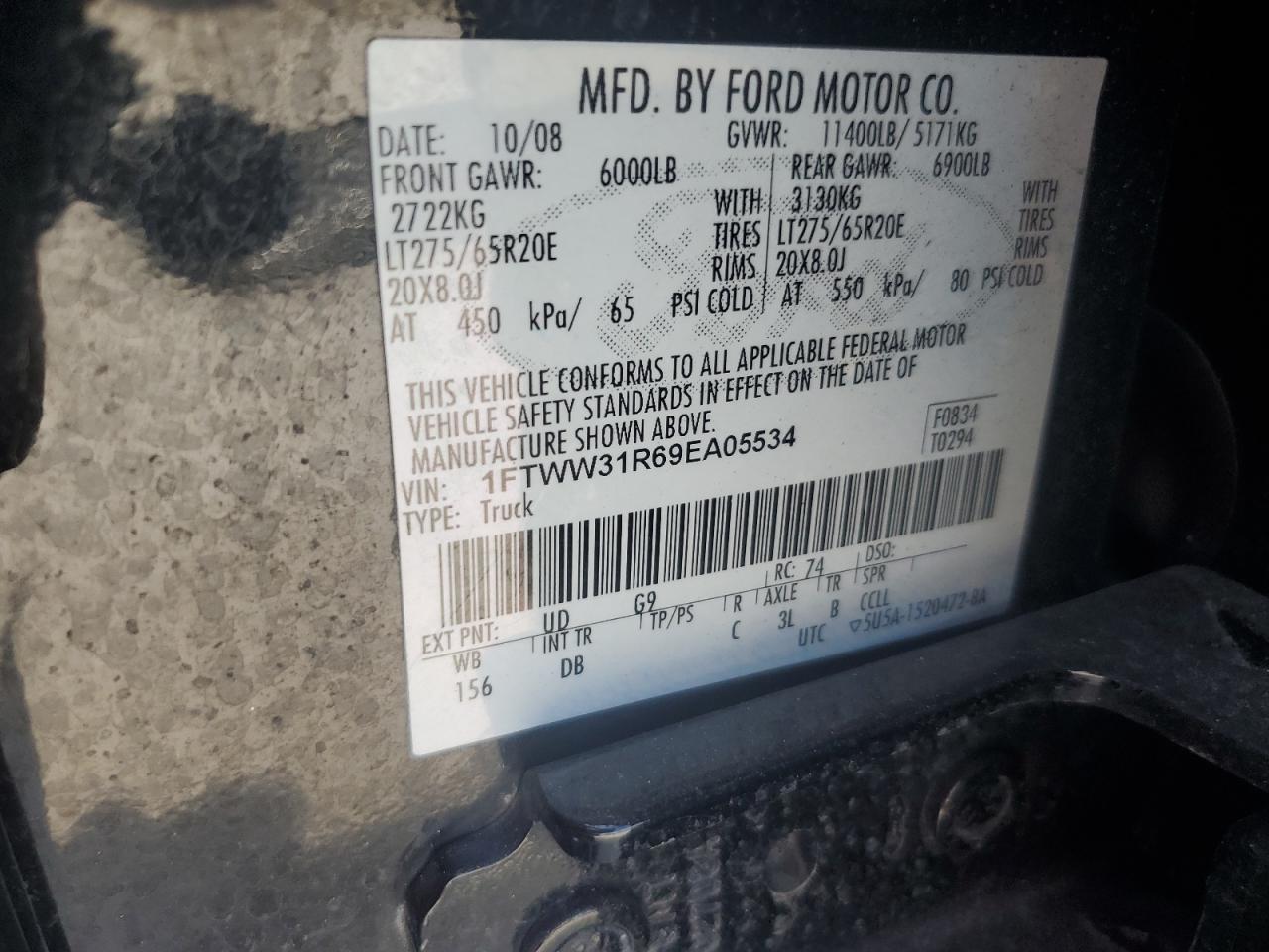 2009 Ford F350 Super Duty VIN: 1FTWW31R69EA05534 Lot: 64836585
