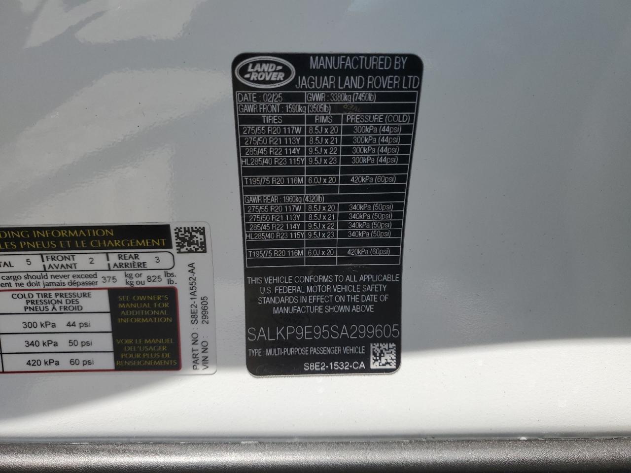 2025 Land Rover Range Rover Se VIN: SALKP9E95SA299605 Lot: 63108715