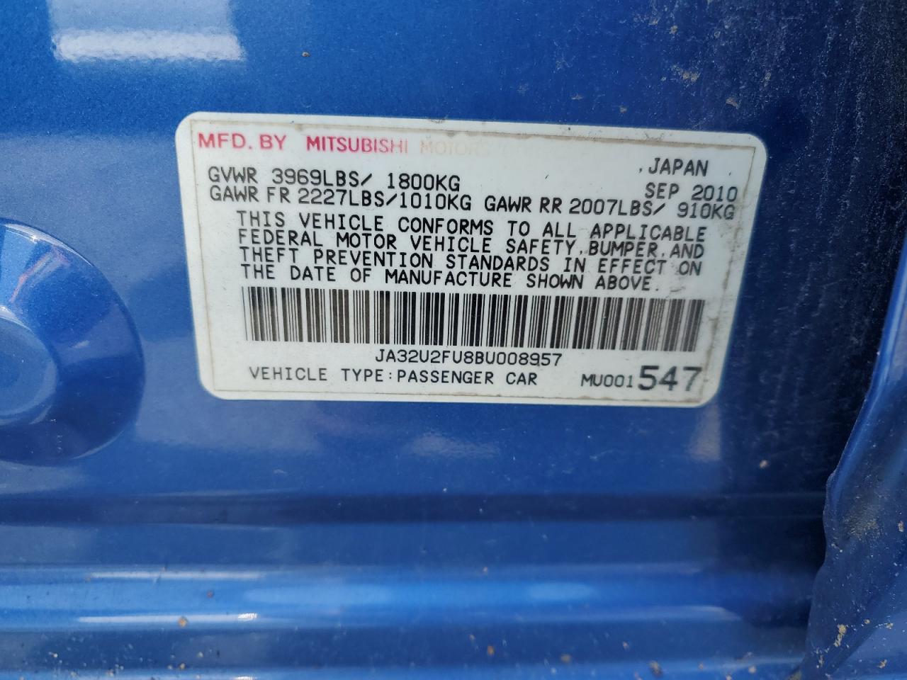 2011 Mitsubishi Lancer Es/Es Sport VIN: JA32U2FU8BU008957 Lot: 61027025