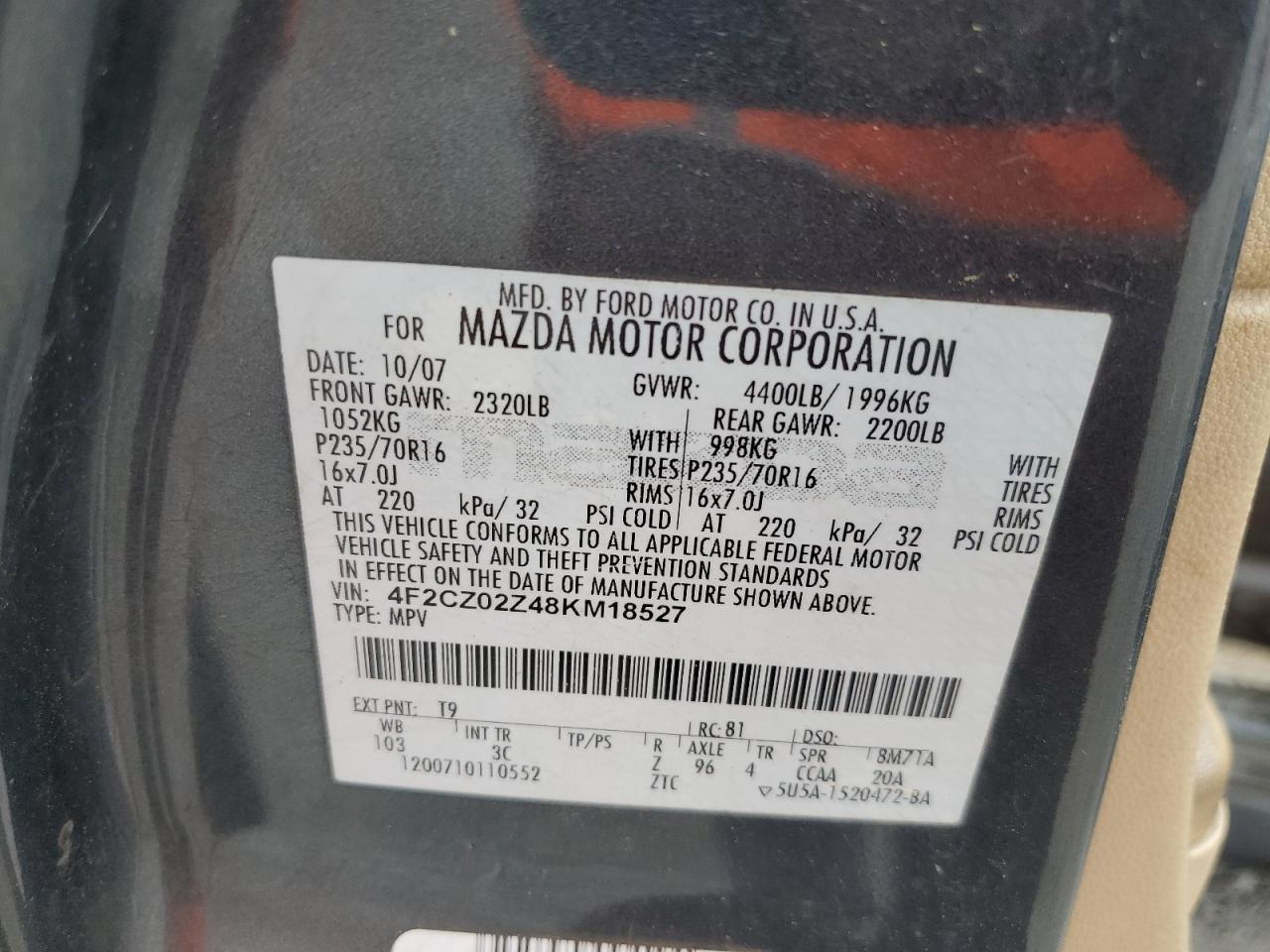 2008 Mazda Tribute I VIN: 4F2CZ02Z48KM18527 Lot: 66858035