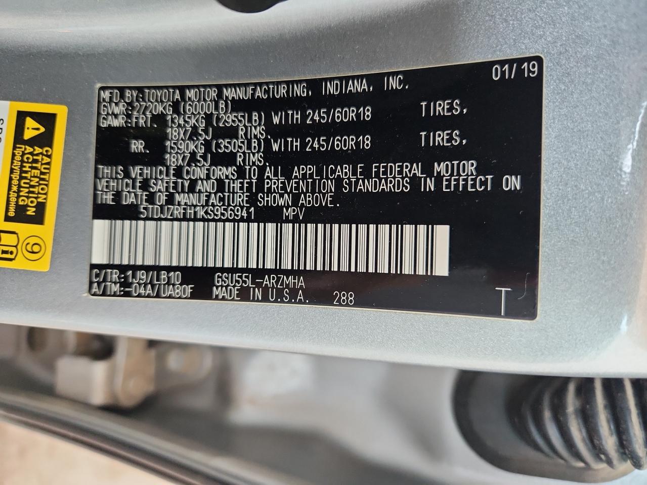 2019 Toyota Highlander Se VIN: 5TDJZRFH1KS956941 Lot: 64251245