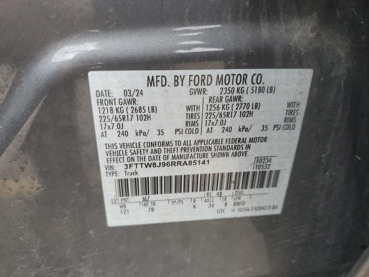 2024 Ford Maverick Xlt VIN: 3FTTW8J96RRA85141 Lot: 63030875