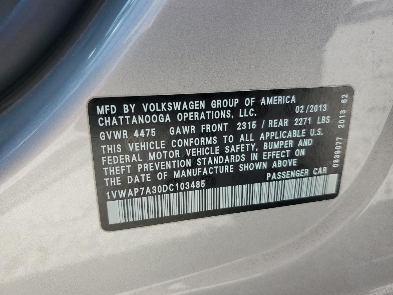2013 Volkswagen Passat S VIN: 1VWAP7A30DC103485 Lot: 64691955