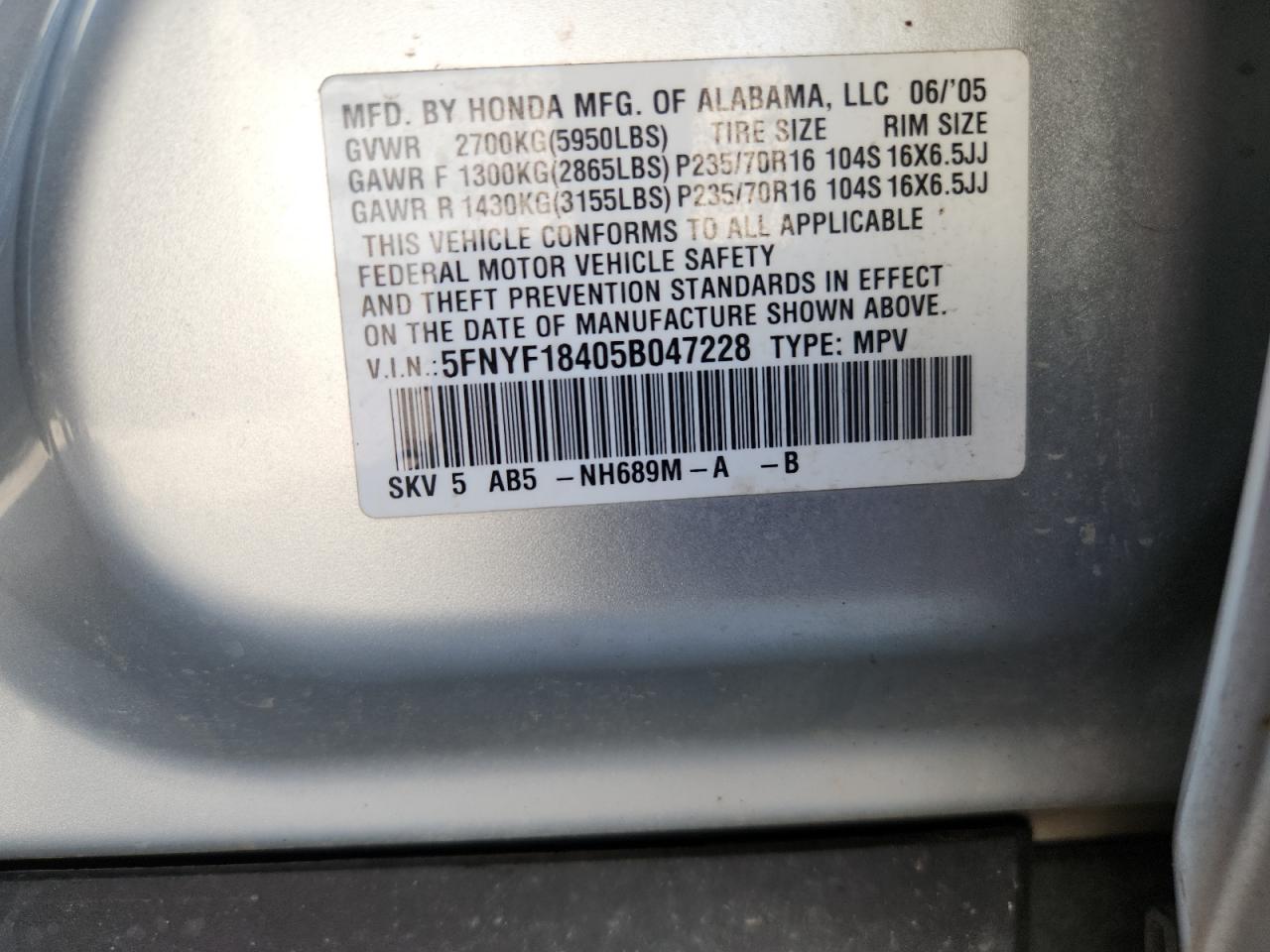 2005 Honda Pilot Ex VIN: 5FNYF18405B047228 Lot: 64803795