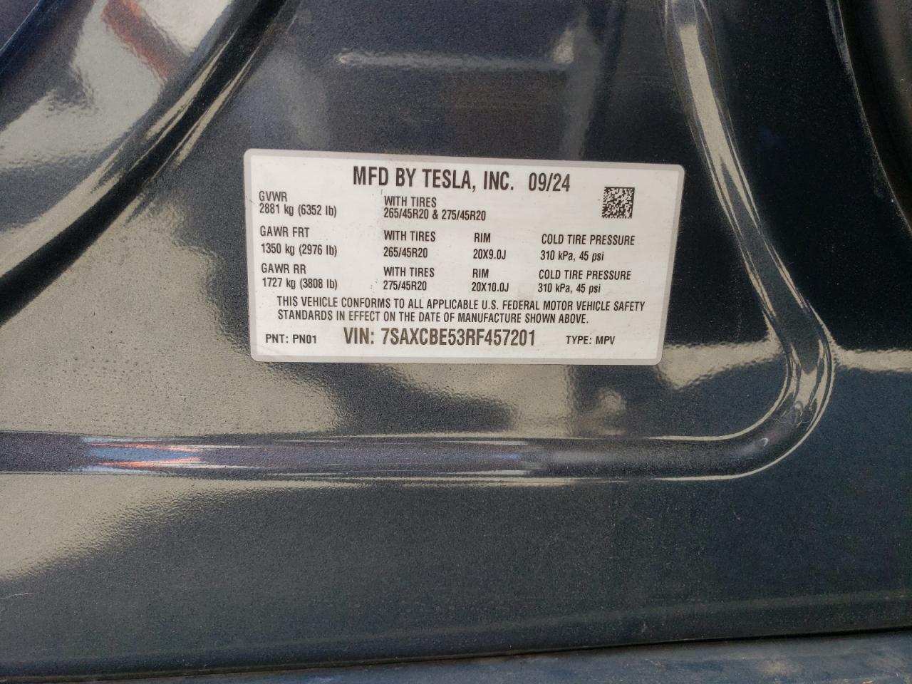 2024 Tesla Model X VIN: 7SAXCBE53RF457201 Lot: 63325675