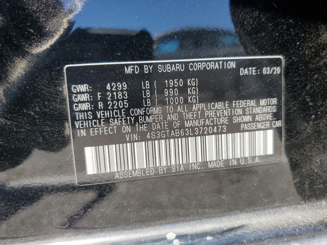 2020 Subaru Impreza VIN: 4S3GTAB63L3720473 Lot: 62688625
