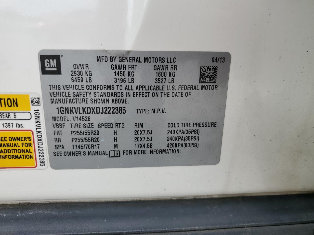 2013 Chevrolet Traverse Ltz VIN: 1GNKVLKDXDJ222385 Lot: 62939745