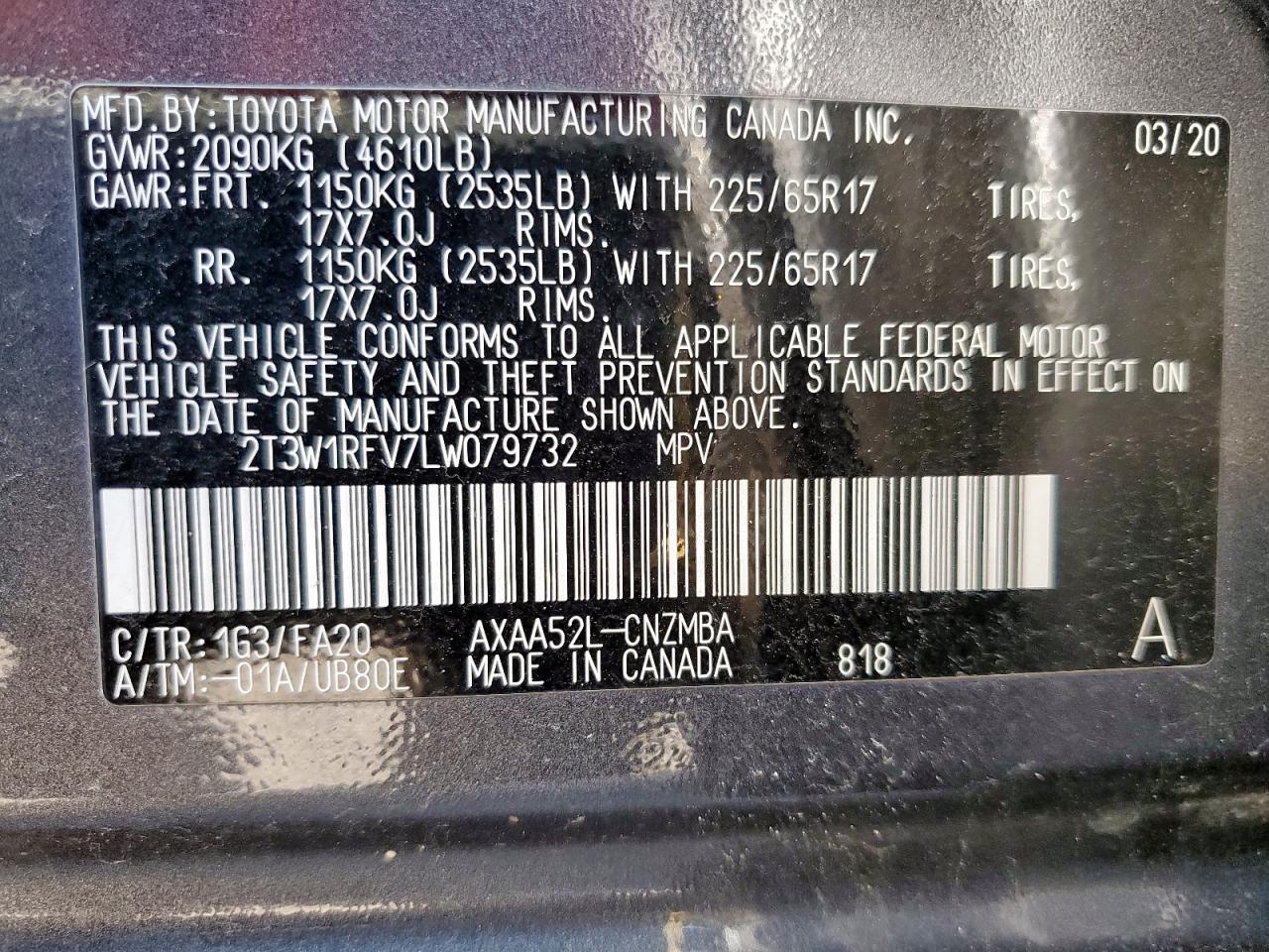 2020 Toyota Rav4 Xle VIN: 2T3W1RFV7LW079732 Lot: 64979565