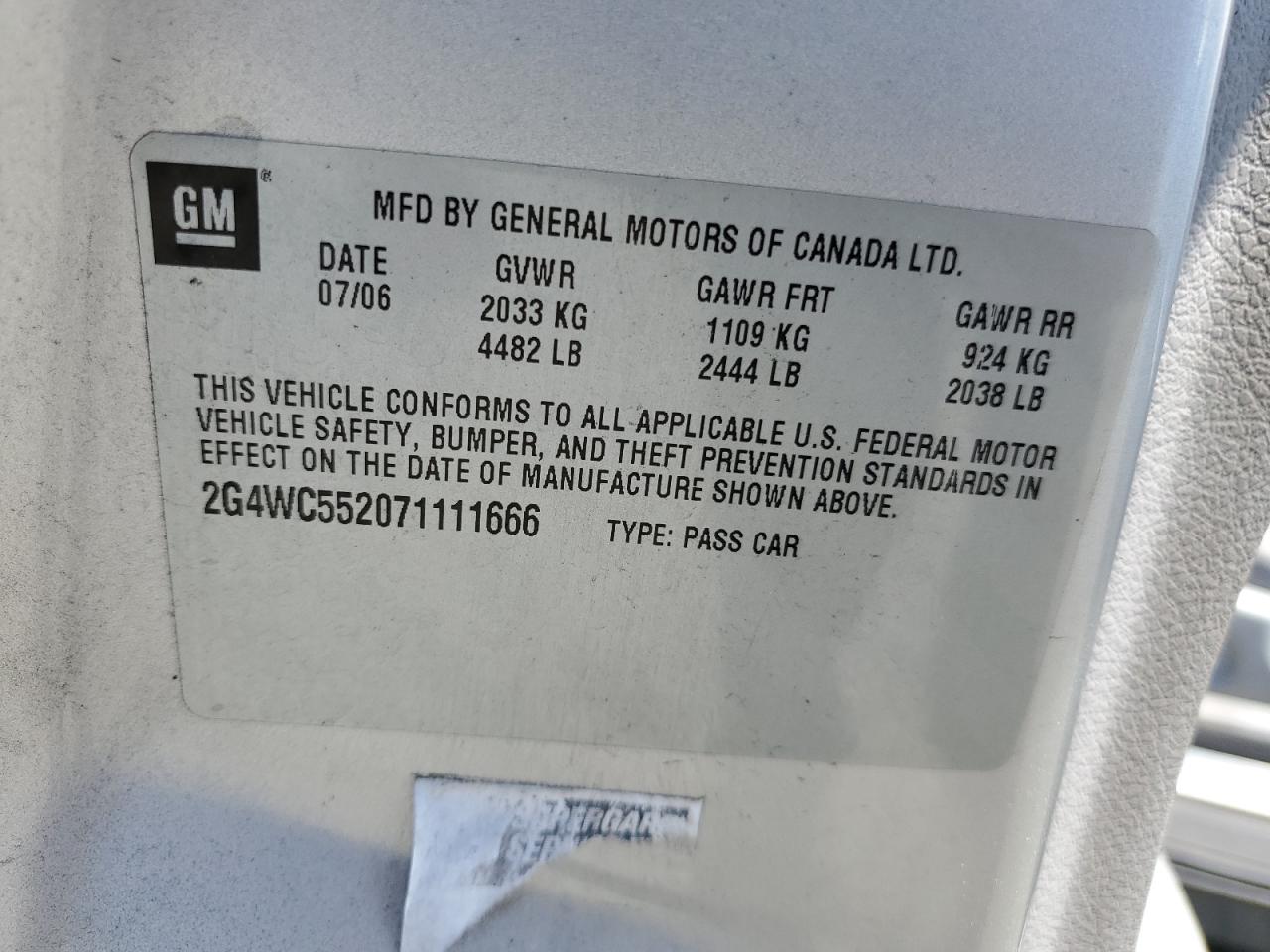 2007 Buick Lacrosse Cx VIN: 2G4WC552071111666 Lot: 65432655