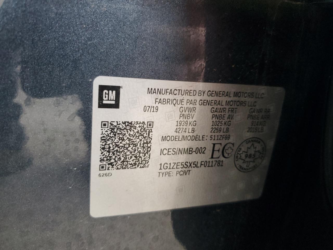2020 Chevrolet Malibu Premier VIN: 1G1ZE5SX5LF011781 Lot: 63824185