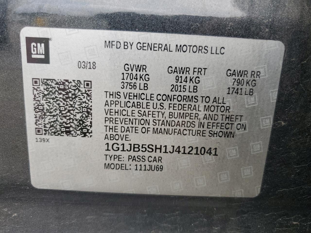 2018 Chevrolet Sonic Ls VIN: 1G1JB5SH1J4121041 Lot: 64307155