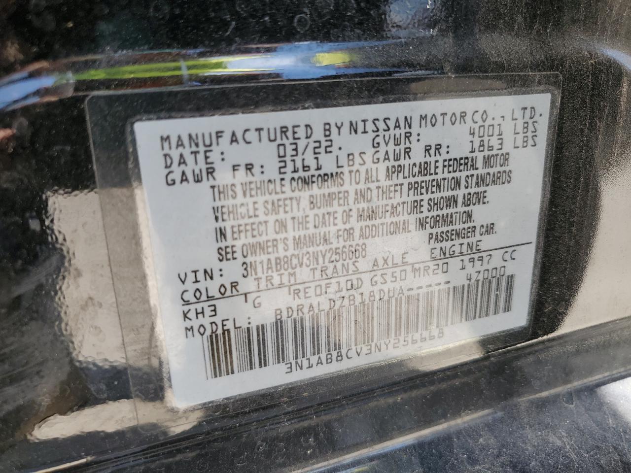 2022 Nissan Sentra Sv VIN: 3N1AB8CV3NY256668 Lot: 63445925