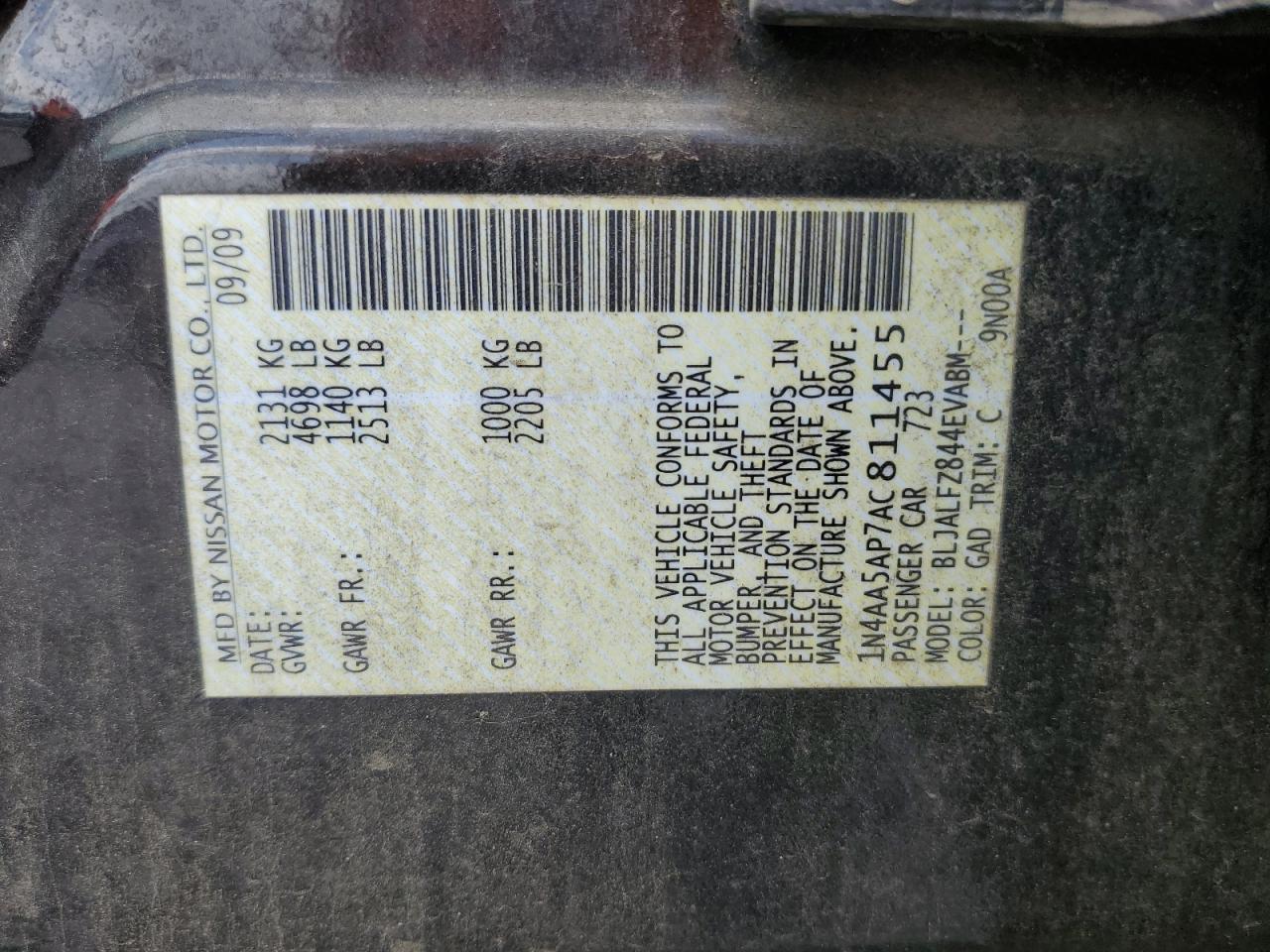 2010 Nissan Maxima S VIN: 1N4AA5AP7AC811455 Lot: 63818715