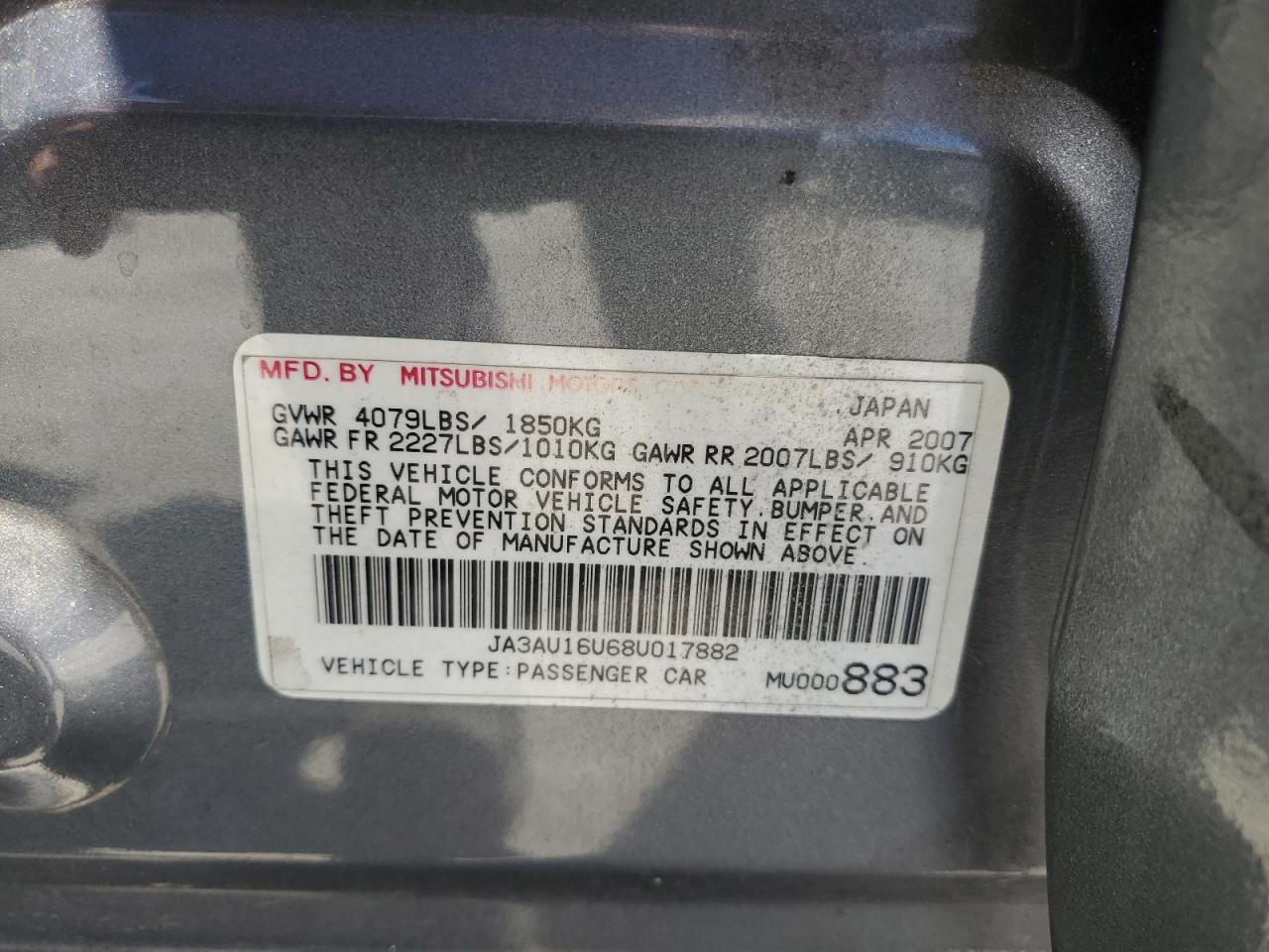 2008 Mitsubishi Lancer De VIN: JA3AU16U68U017882 Lot: 63095805