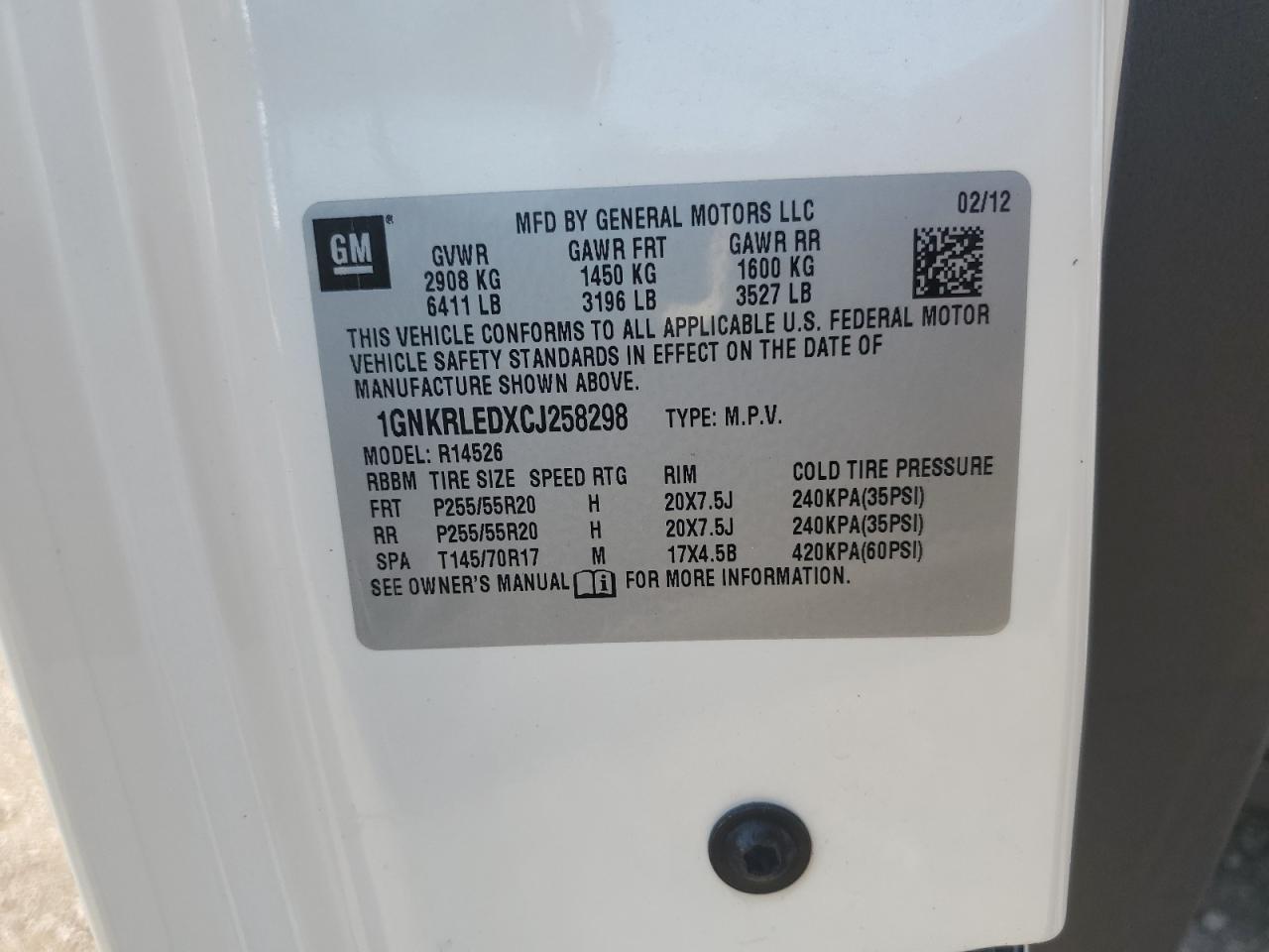 2012 Chevrolet Traverse Ltz VIN: 1GNKRLEDXCJ258298 Lot: 64513345