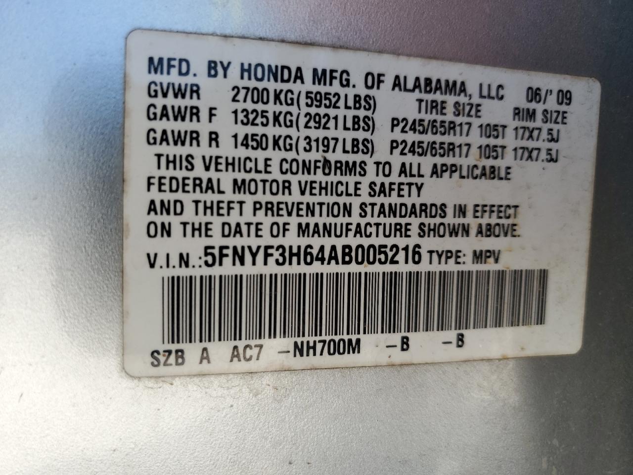 2010 Honda Pilot Exl VIN: 5FNYF3H64AB005216 Lot: 63946485
