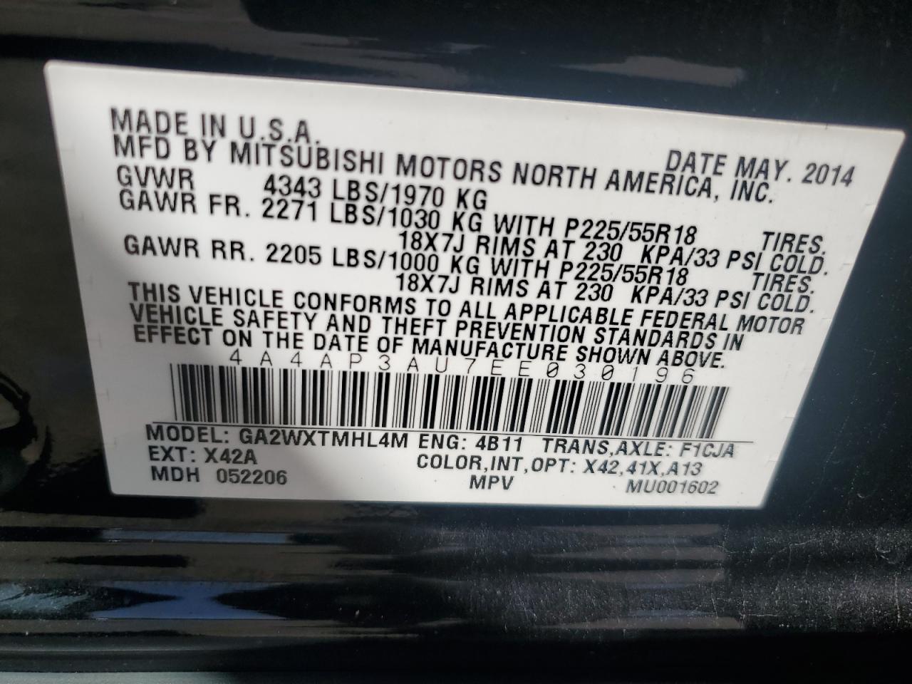 2014 Mitsubishi Outlander Sport Es VIN: 4A4AP3AU7EE030196 Lot: 63492325