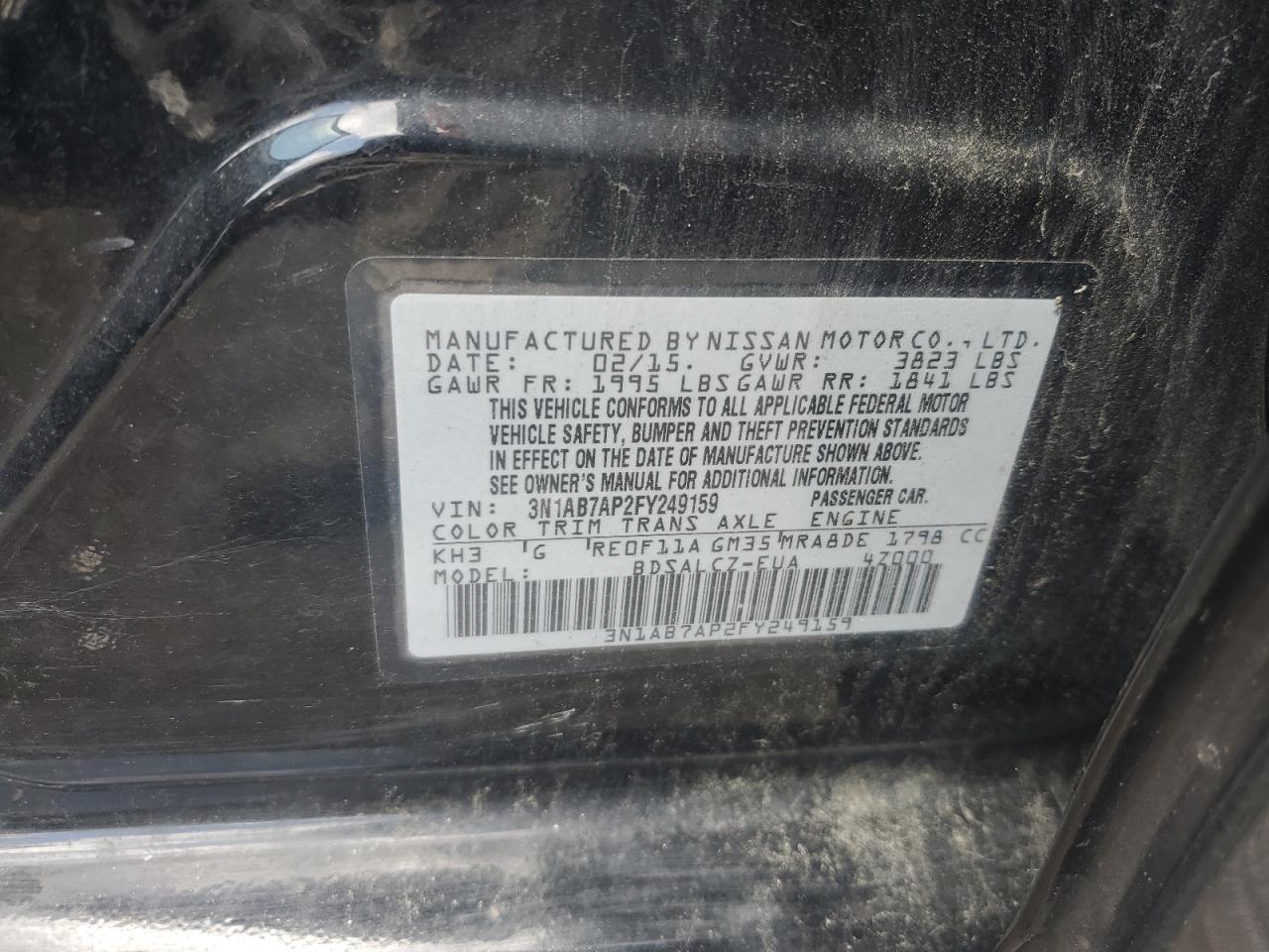 2015 Nissan Sentra S VIN: 3N1AB7AP2FY249159 Lot: 65033235