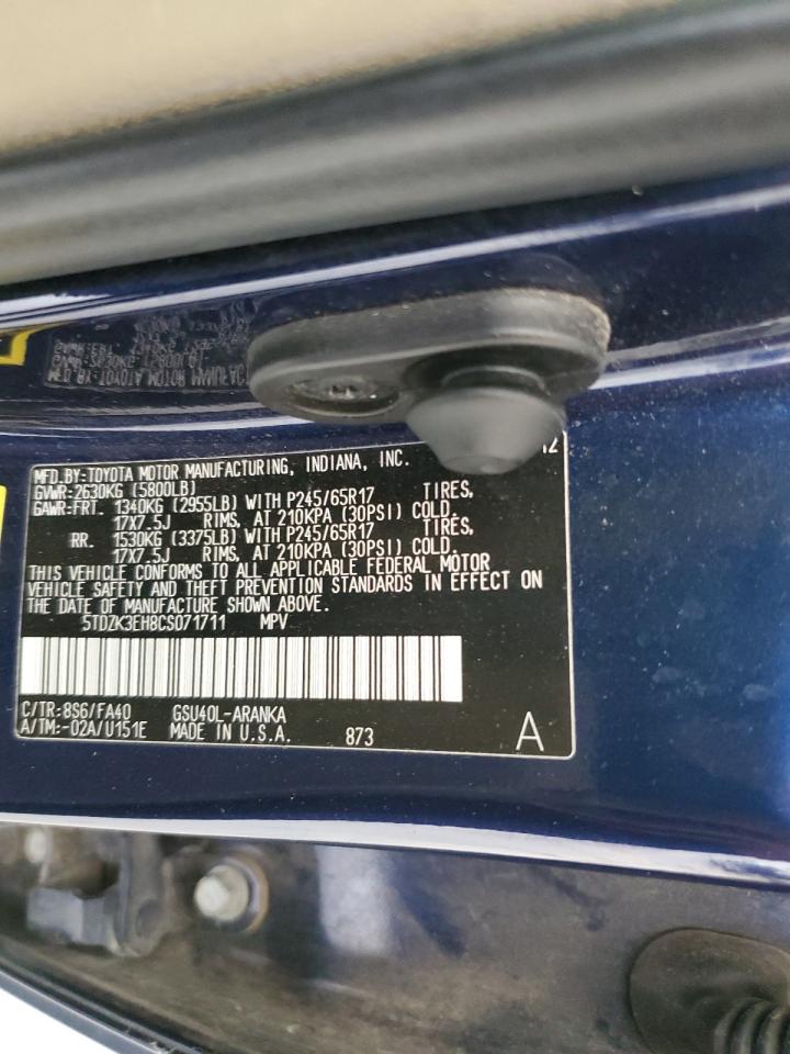 2012 Toyota Highlander Base VIN: 5TDZK3EH8CS071711 Lot: 64956675