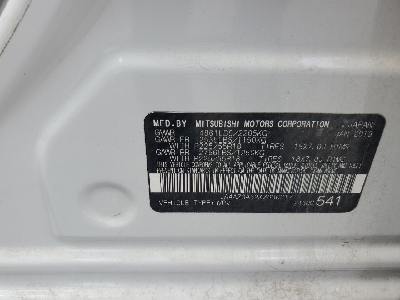 2019 Mitsubishi Outlander Se VIN: JA4AZ3A32KZ036317 Lot: 63232615