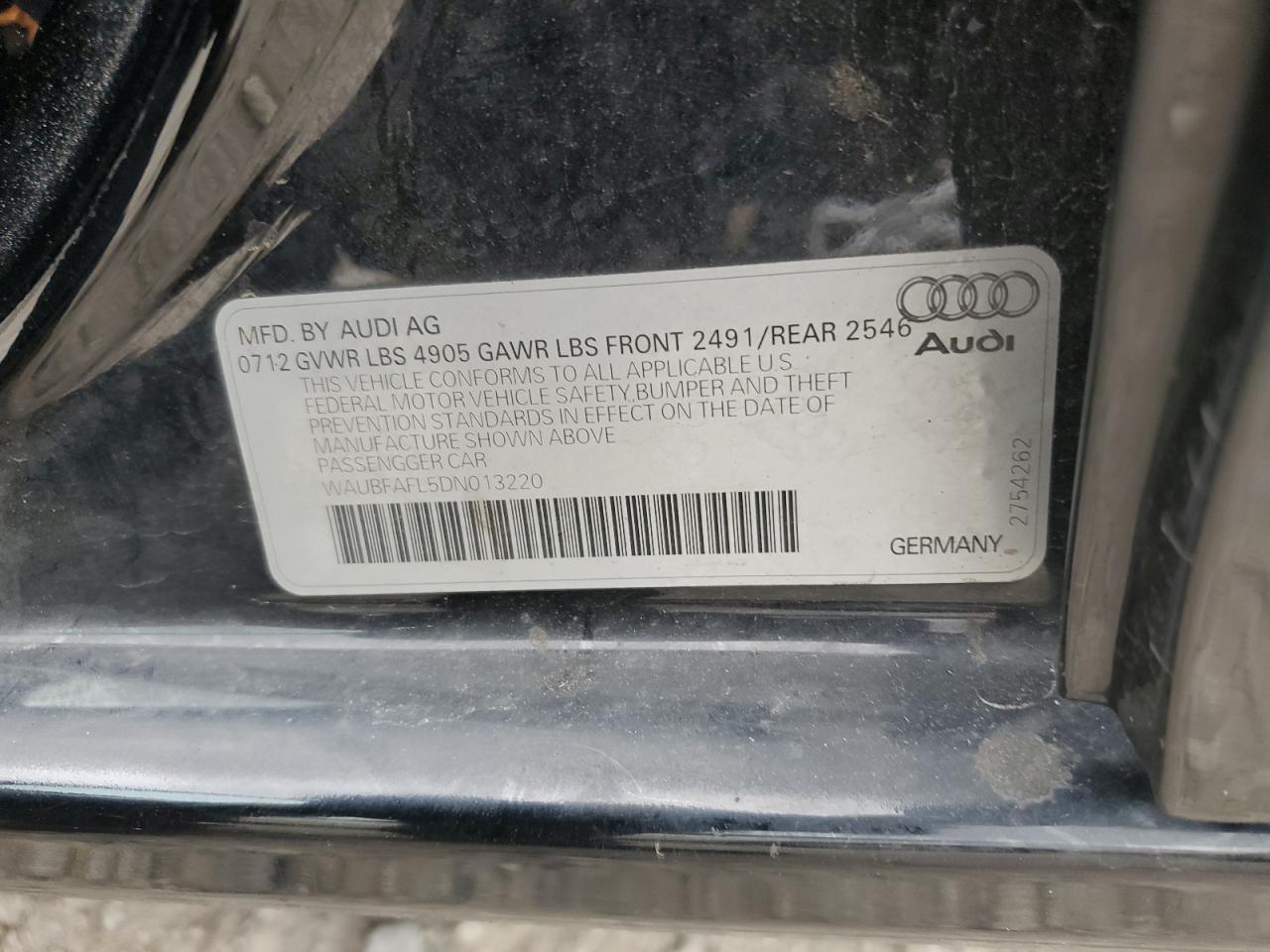 2013 Audi A4 Premium VIN: WAUBFAFL5DN013220 Lot: 62489885