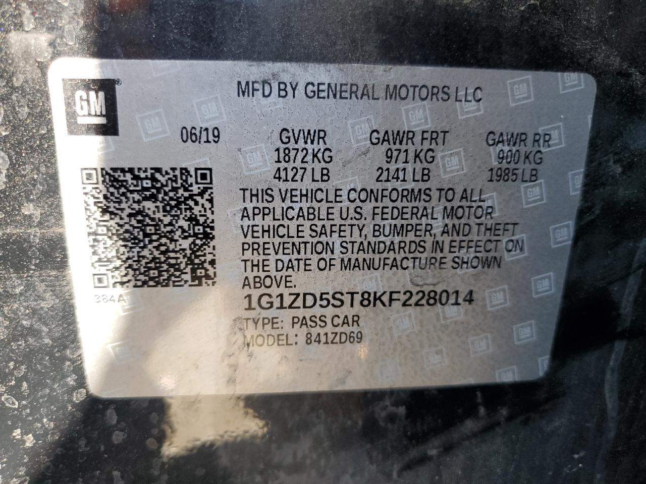2019 Chevrolet Malibu Lt VIN: 1G1ZD5ST8KF228014 Lot: 62036035