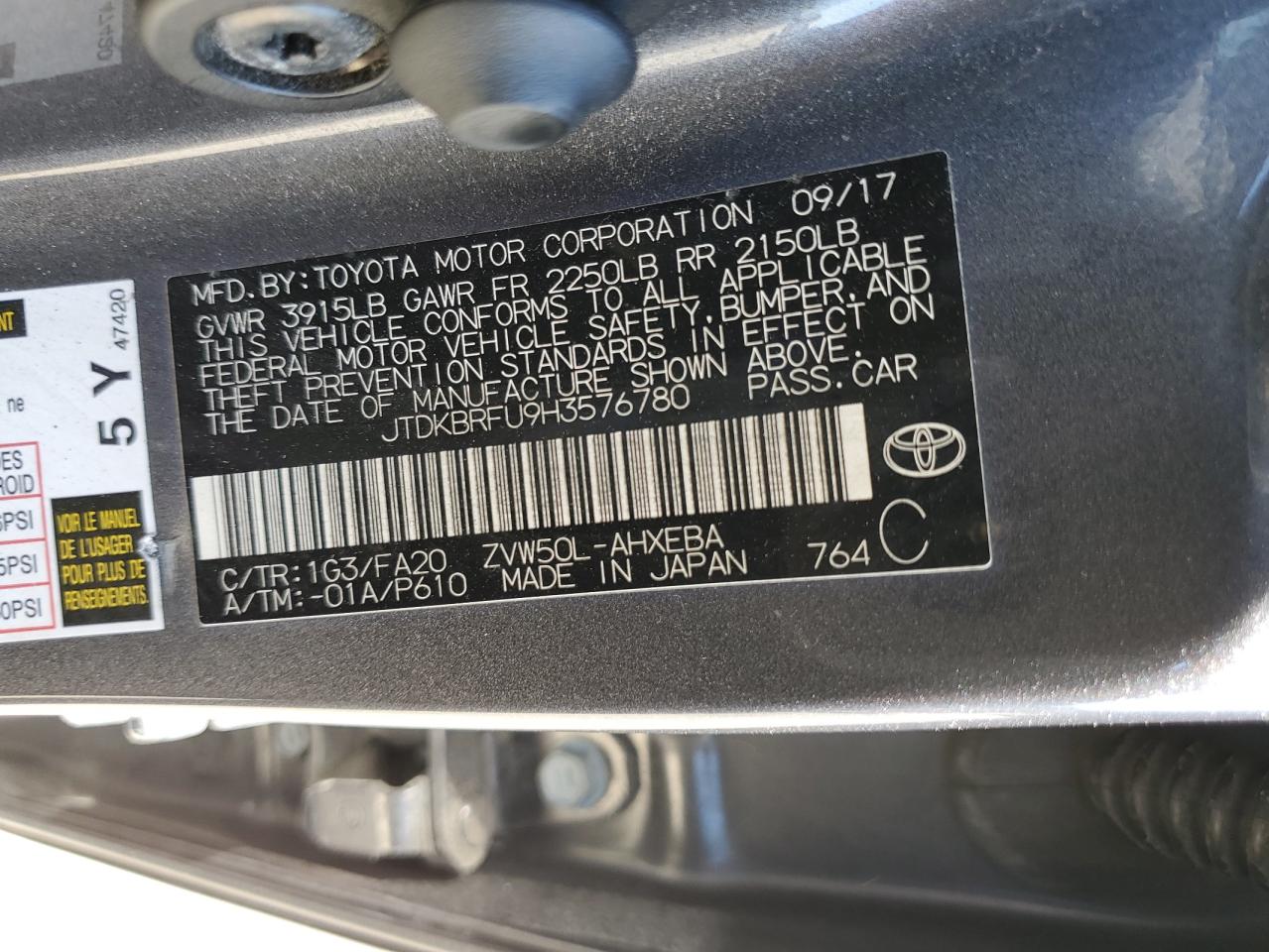2017 Toyota Prius VIN: JTDKBRFU9H3576780 Lot: 64333785