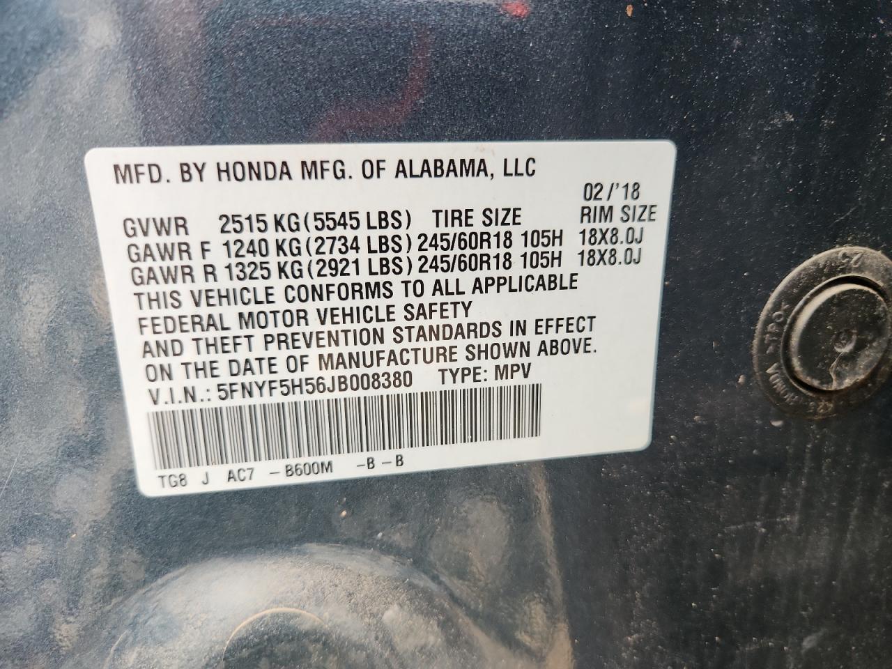 2018 Honda Pilot Exl VIN: 5FNYF5H56JB008380 Lot: 65092435