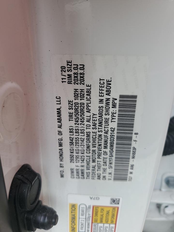 2021 Honda Pilot Elite VIN: 5FNYF6H04MB039142 Lot: 65250375