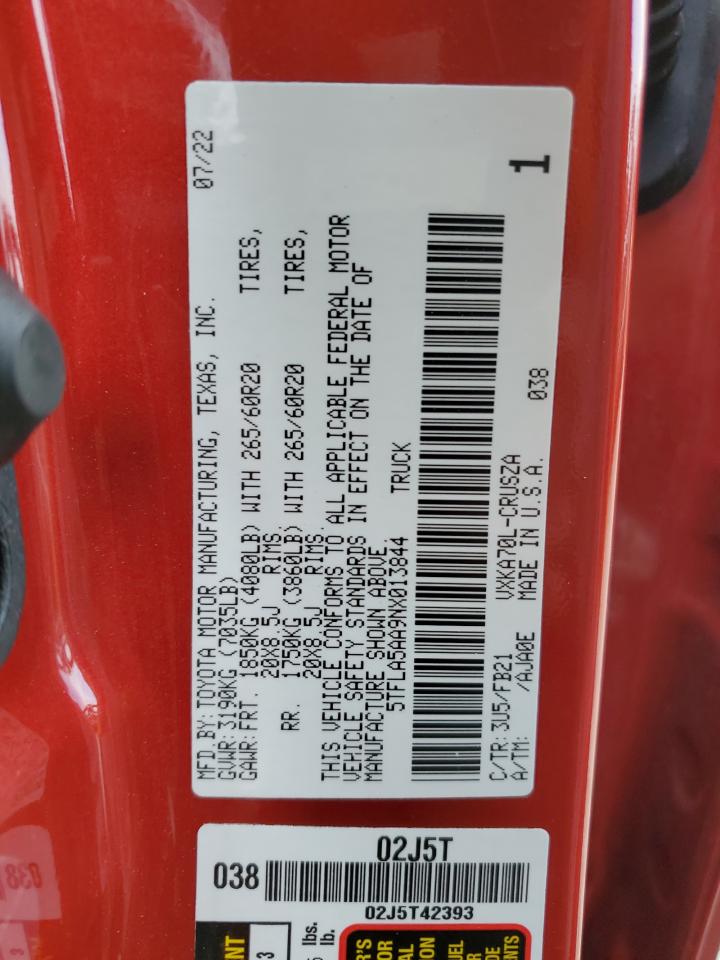 2022 Toyota Tundra Double Cab Sr VIN: 5TFLA5AA9NX013844 Lot: 64073835