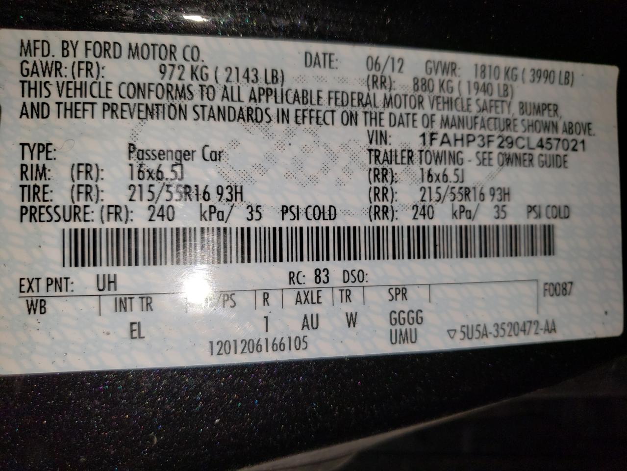 2012 Ford Focus Se VIN: 1FAHP3F29CL457021 Lot: 64179545