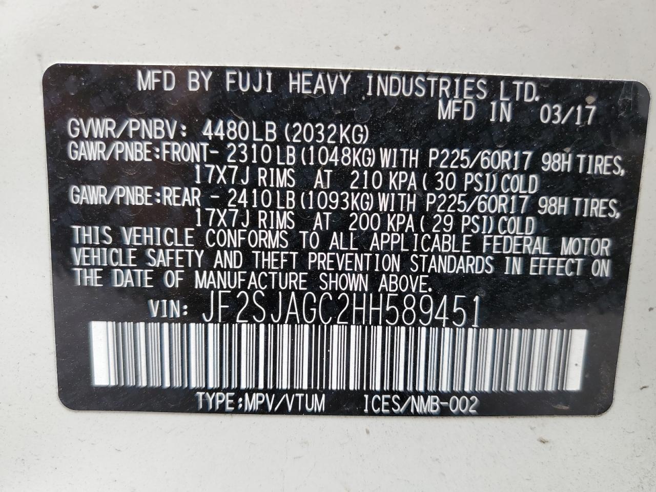 2017 Subaru Forester 2.5I Premium VIN: JF2SJAGC2HH589451 Lot: 63064915