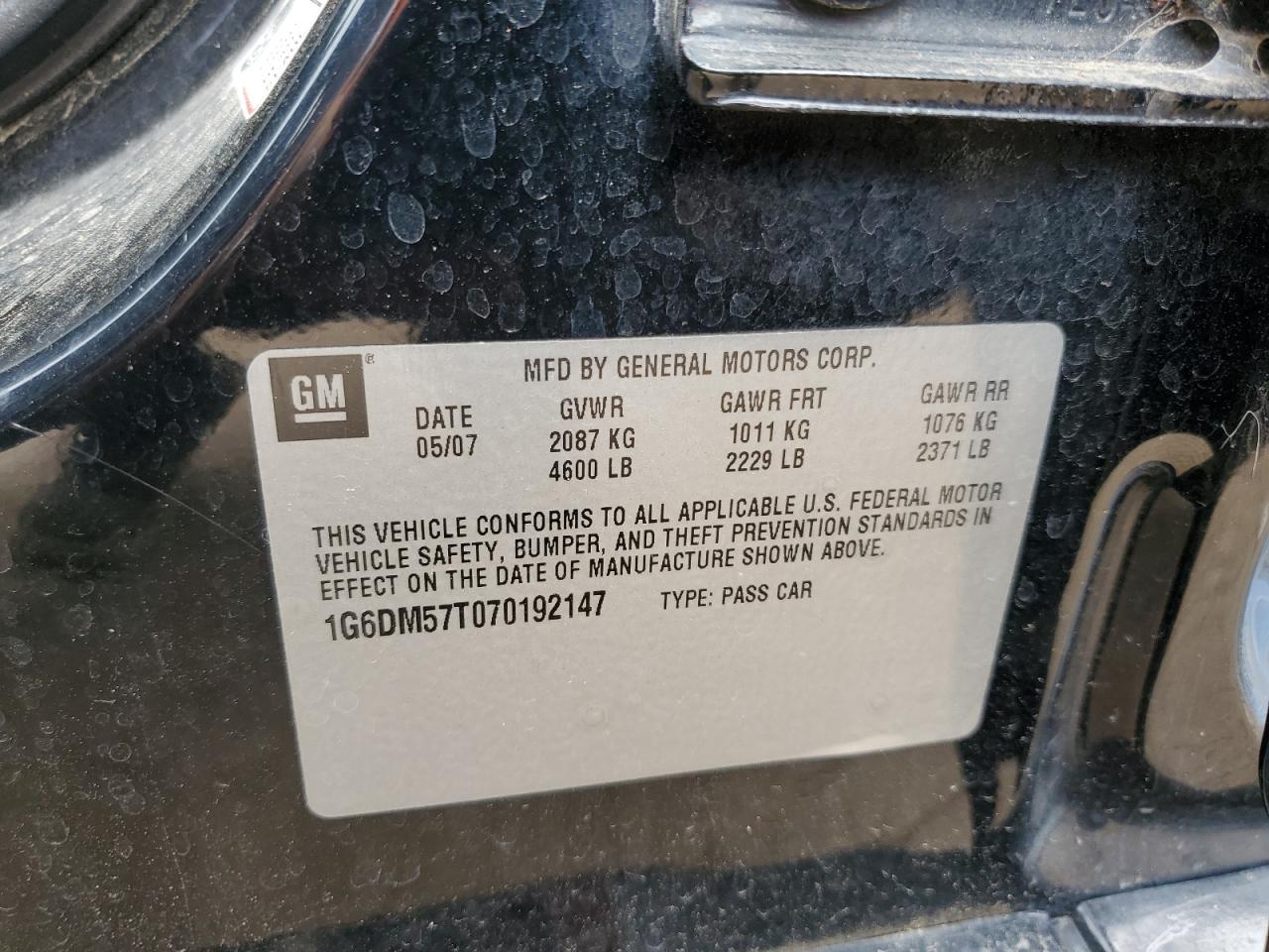 2007 Cadillac Cts VIN: 1G6DM57T070192147 Lot: 63138755