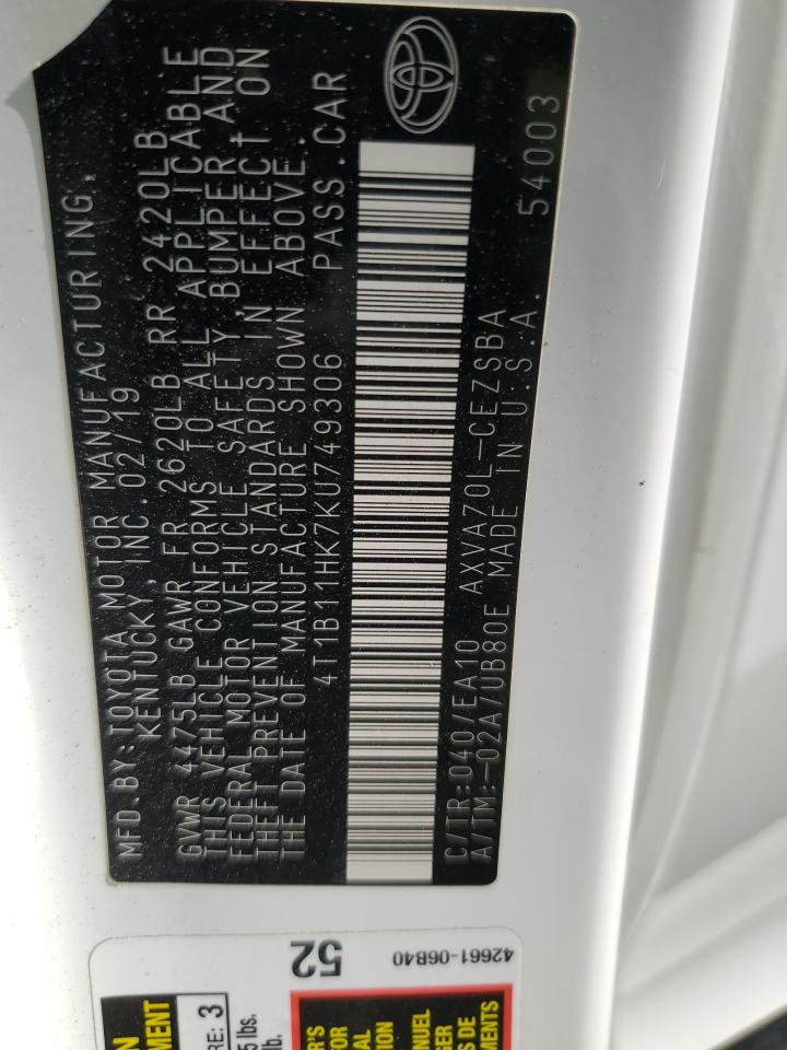 2019 Toyota Camry L VIN: 4T1B11HK7KU749306 Lot: 64868865