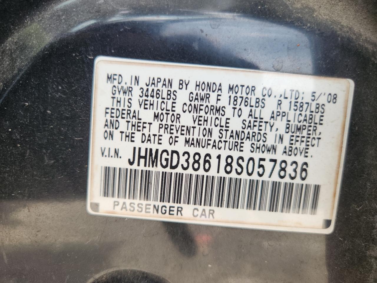 2008 Honda Fit Sport VIN: JHMGD38618S057836 Lot: 64717225