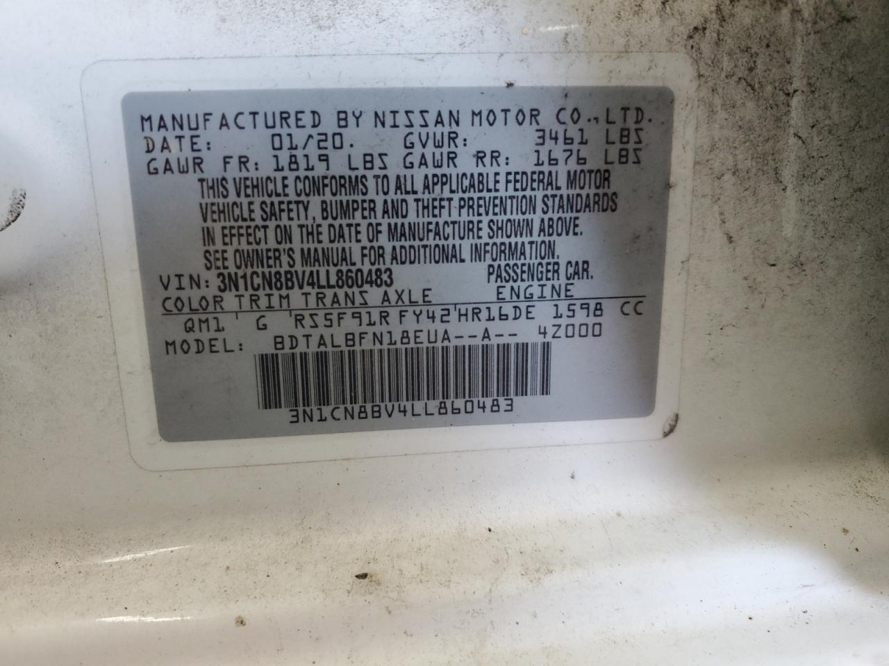 2020 Nissan Versa S VIN: 3N1CN8BV4LL860483 Lot: 64003375
