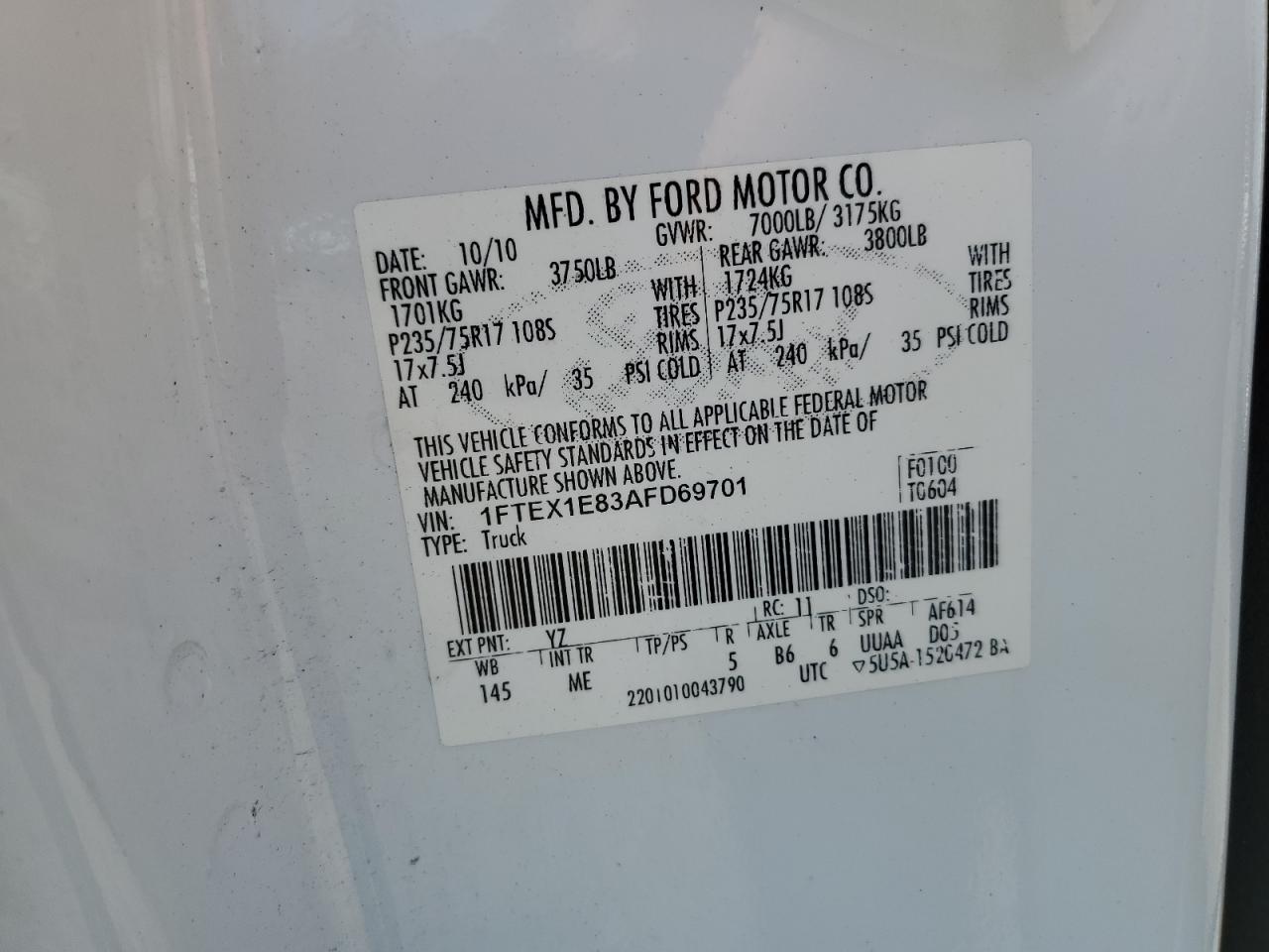 2010 Ford F150 Super Cab VIN: 1FTEX1E83AFD69701 Lot: 64809065