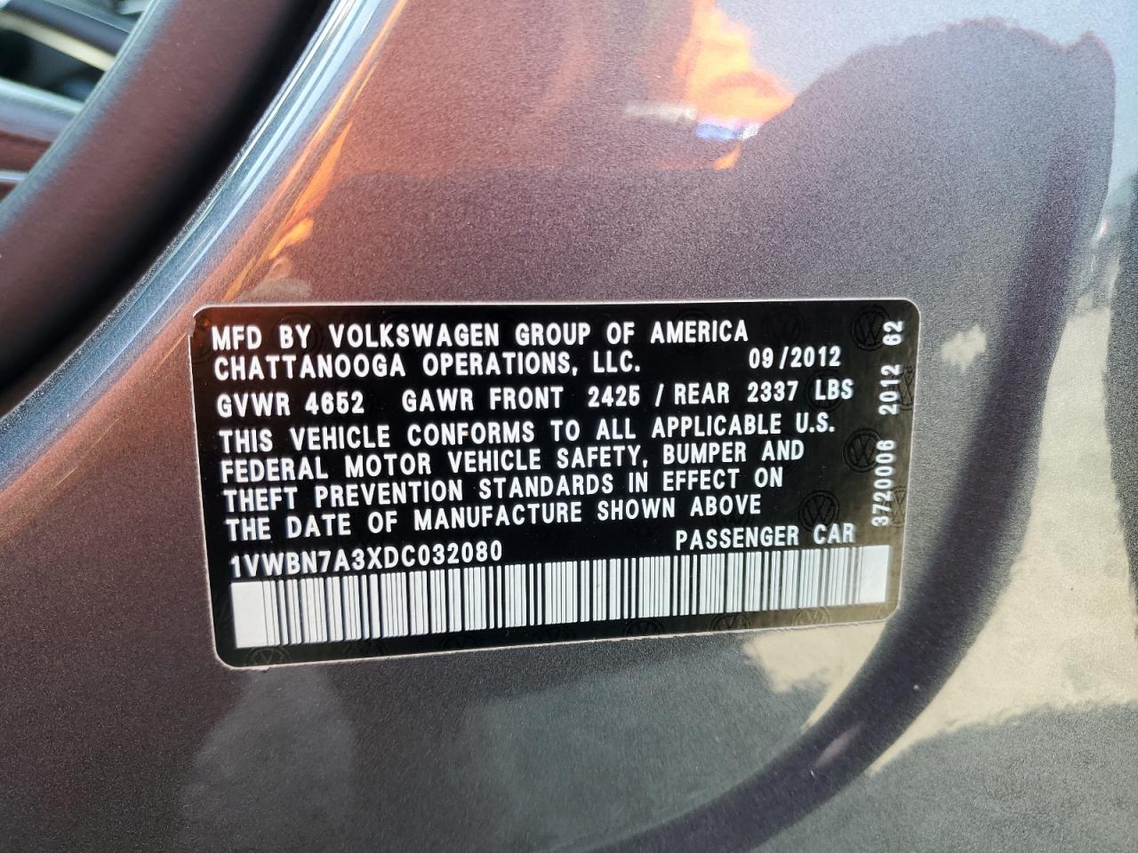 2013 Volkswagen Passat Se VIN: 1VWBN7A3XDC032080 Lot: 64287385