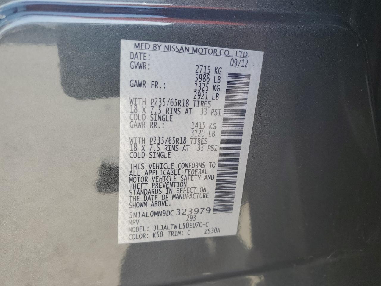 2013 Infiniti Jx35 VIN: 5N1AL0MN9DC323979 Lot: 64489905