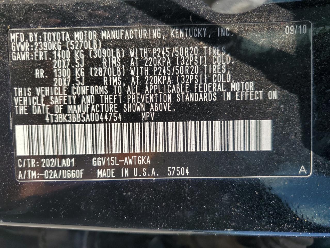 2010 Toyota Venza VIN: 4T3BK3BB5AU044754 Lot: 64138915