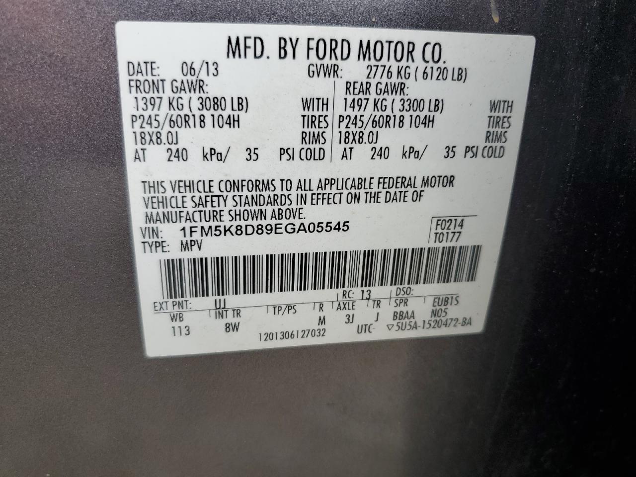 2014 Ford Explorer Xlt VIN: 1FM5K8D89EGA05545 Lot: 64767565