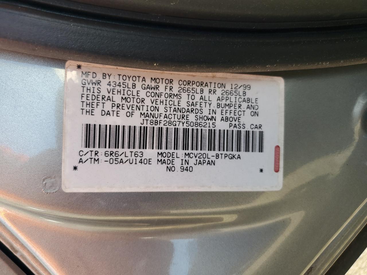2000 Lexus Es 300 VIN: JT8BF28G7Y5086215 Lot: 62748645
