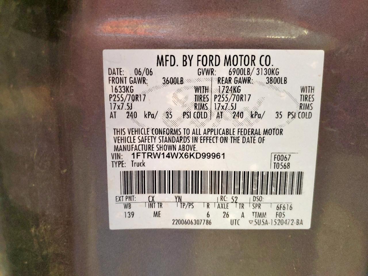 2006 Ford F150 Supercrew VIN: 1FTRW14WX6KD99961 Lot: 64318355