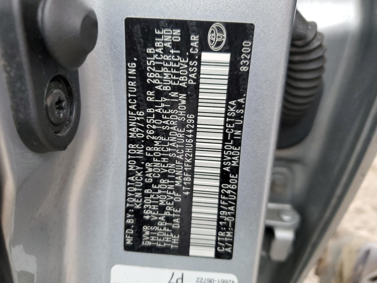 4T1BF1FK2HU644296 TOYOTA CAMRY 2017