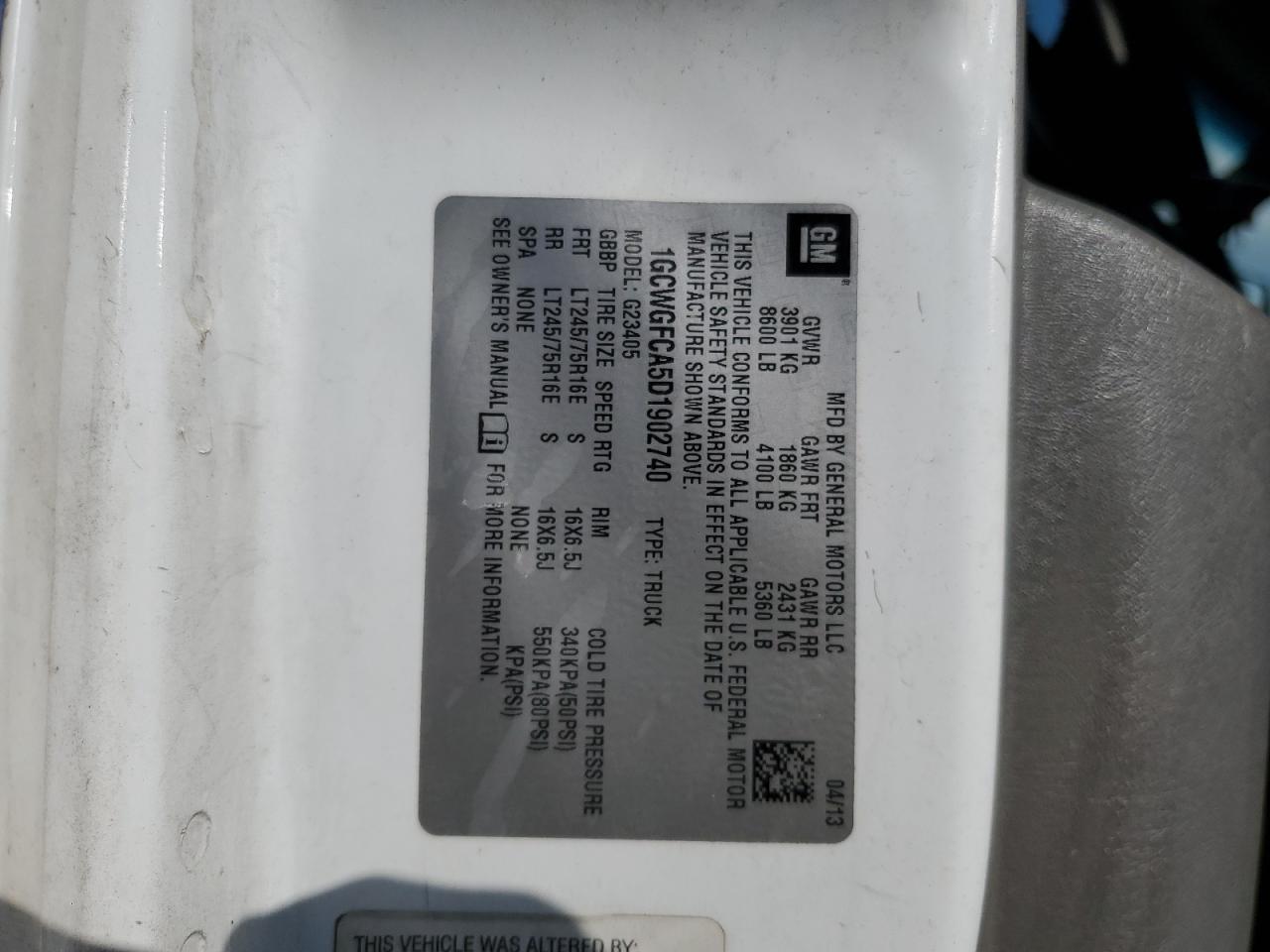 2013 Chevrolet Express G2500 VIN: 1GCWGFCA5D1902740 Lot: 62460545