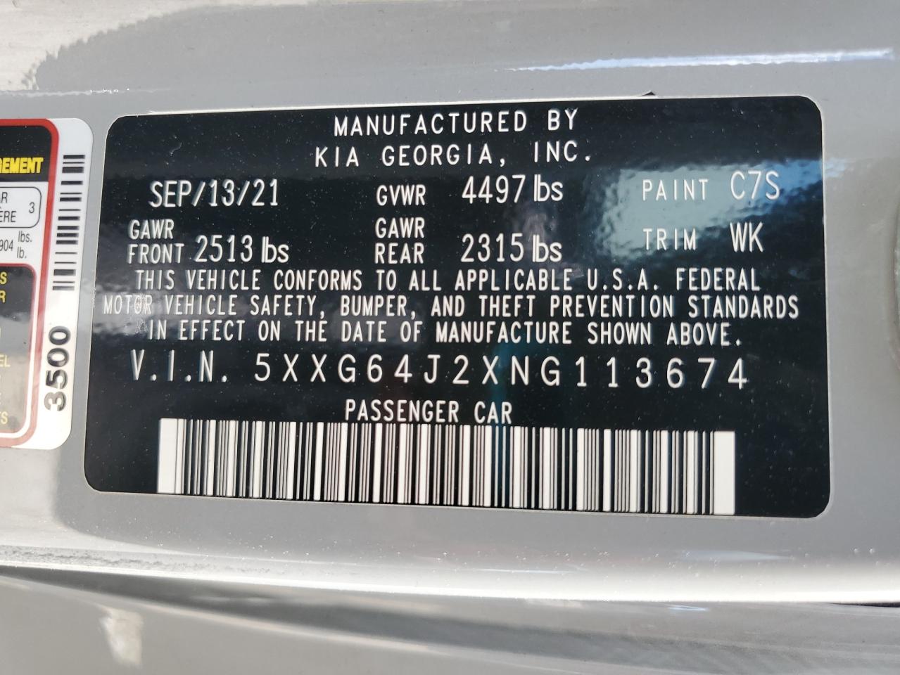 2022 Kia K5 Gt Line VIN: 5XXG64J2XNG113674 Lot: 63943845