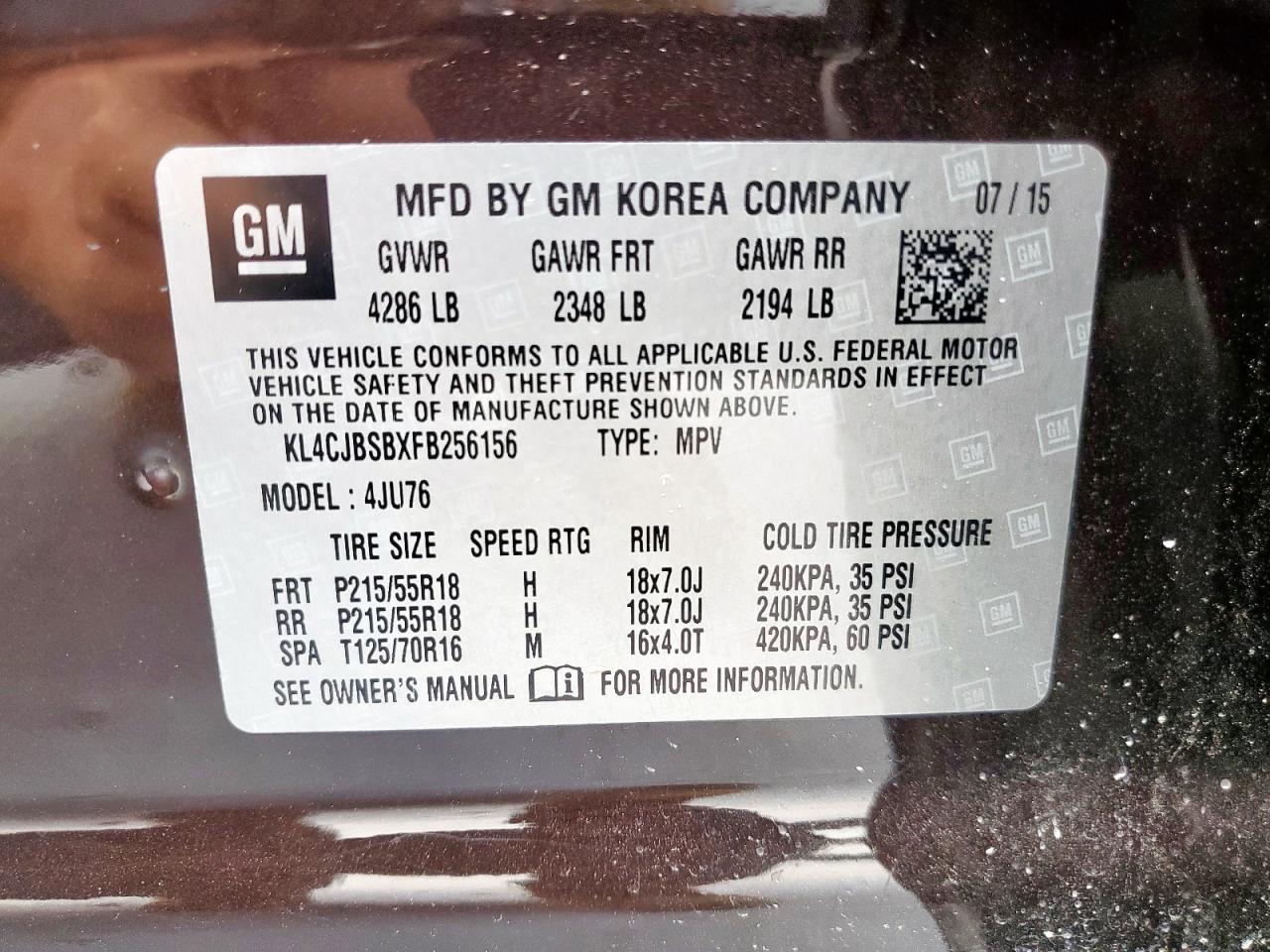 2015 Buick Encore Convenience VIN: KL4CJBSBXFB256156 Lot: 65143525